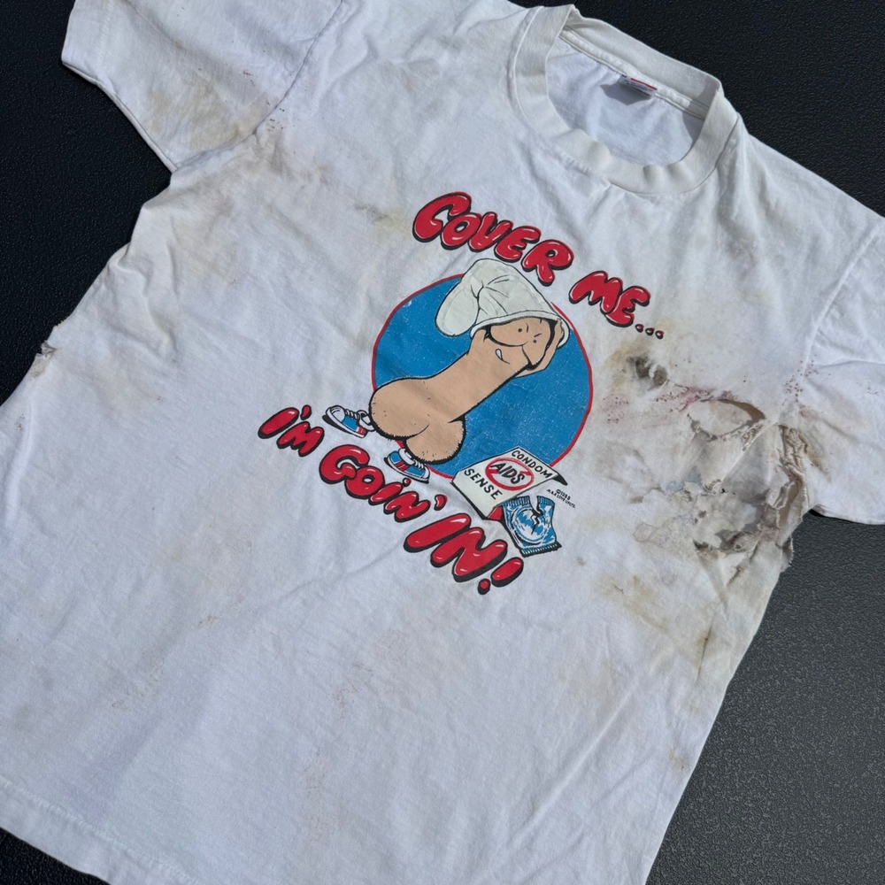 Fruit of the Loom AIDS T-Shirt Mens L White Thrashed Vintage 80s Novelty 1988